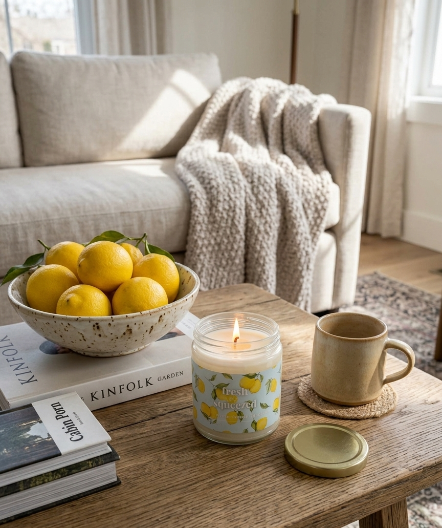 Heslip Home Freshly Squeezed 9oz candle citron lemon bergamot coconut soy glass jar Edmonton - Lifestyle shot on coffee table lit  — Cloud Nine Pajamas