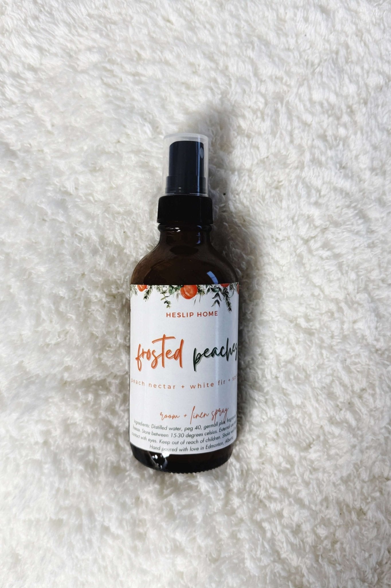 Frosted Peaches (Peach Nectar + White Fir + Spruce) Heslip Home Luxury Room & Linen Spray notes of peaches, white fir and spruce