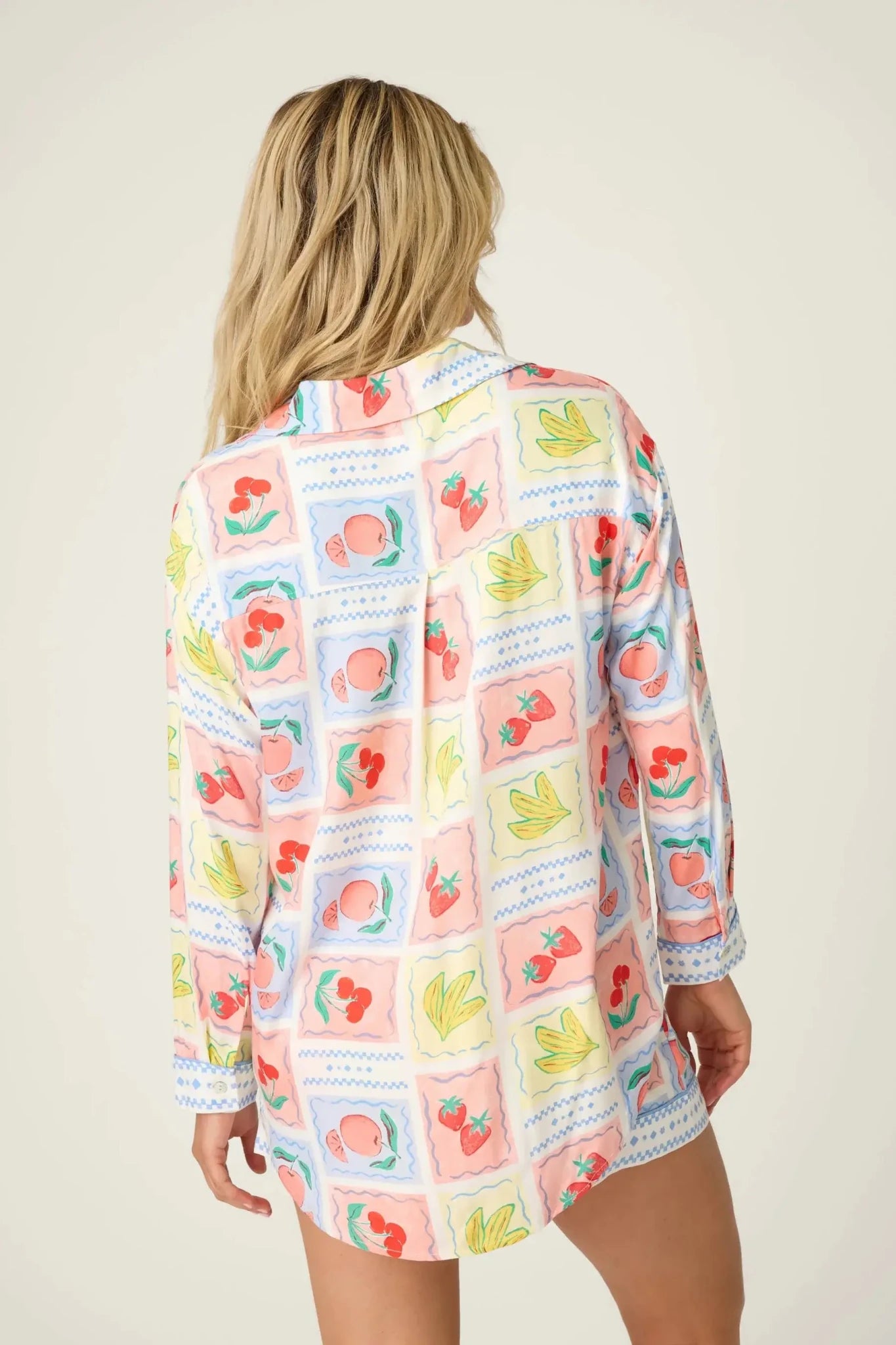 Frutta Fresca Summer Harvest Button Up Top & Short Set PJ Salvage back view with colorful fruit patterns.