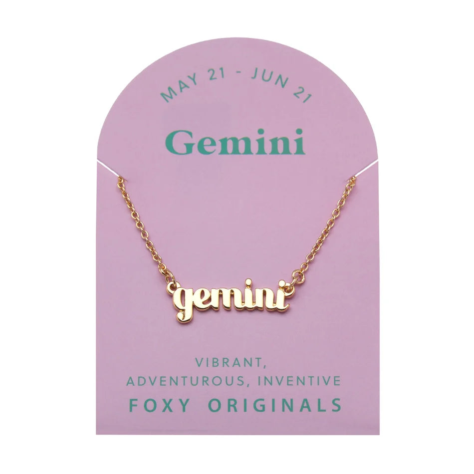 Zodiac Script Necklace in 14K Plated Gold featuring the Gemini astrological sign
