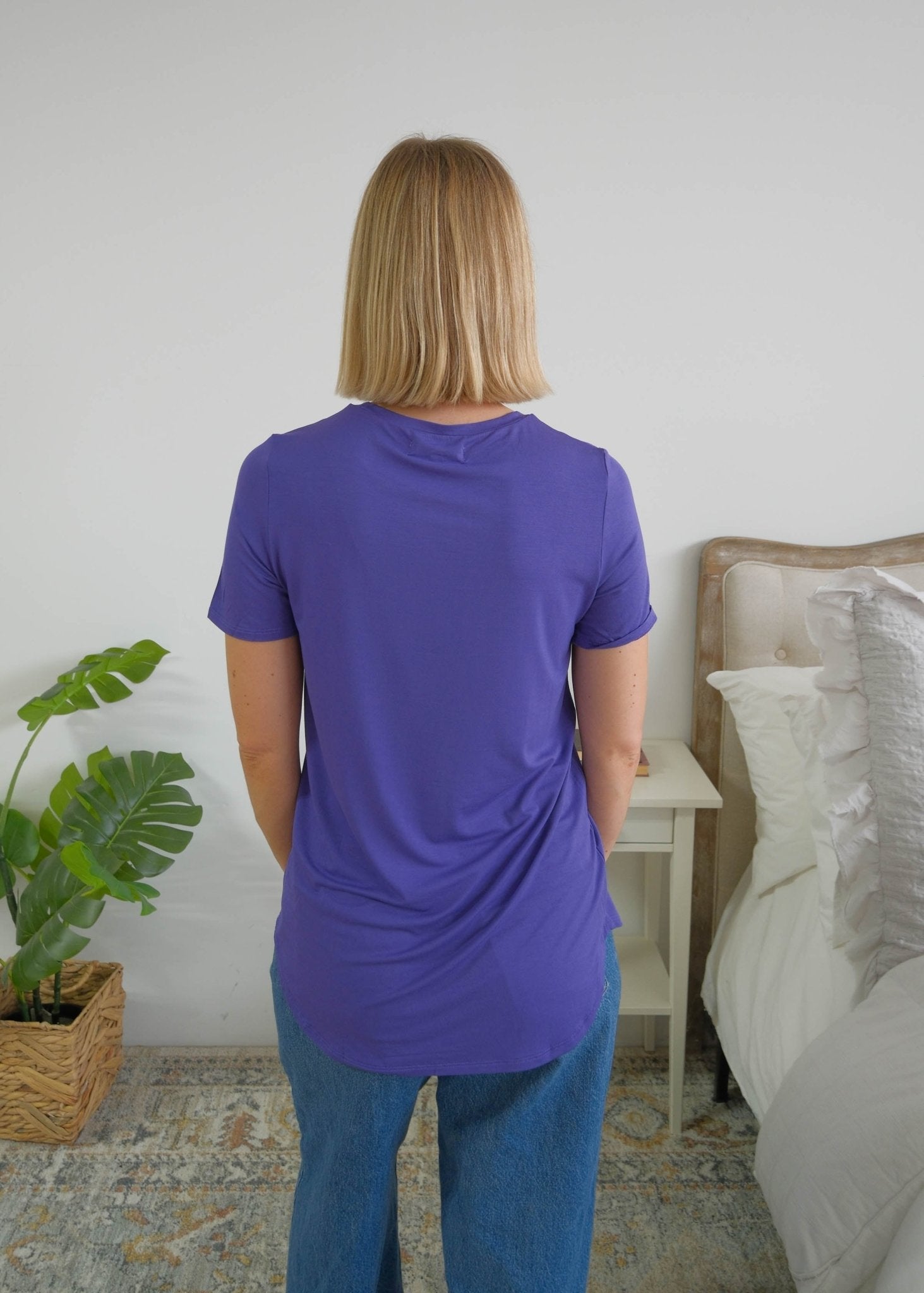 Georgia Rylan Blueberry bamboo tee back view curved hem — Cloud Nine Pajamas