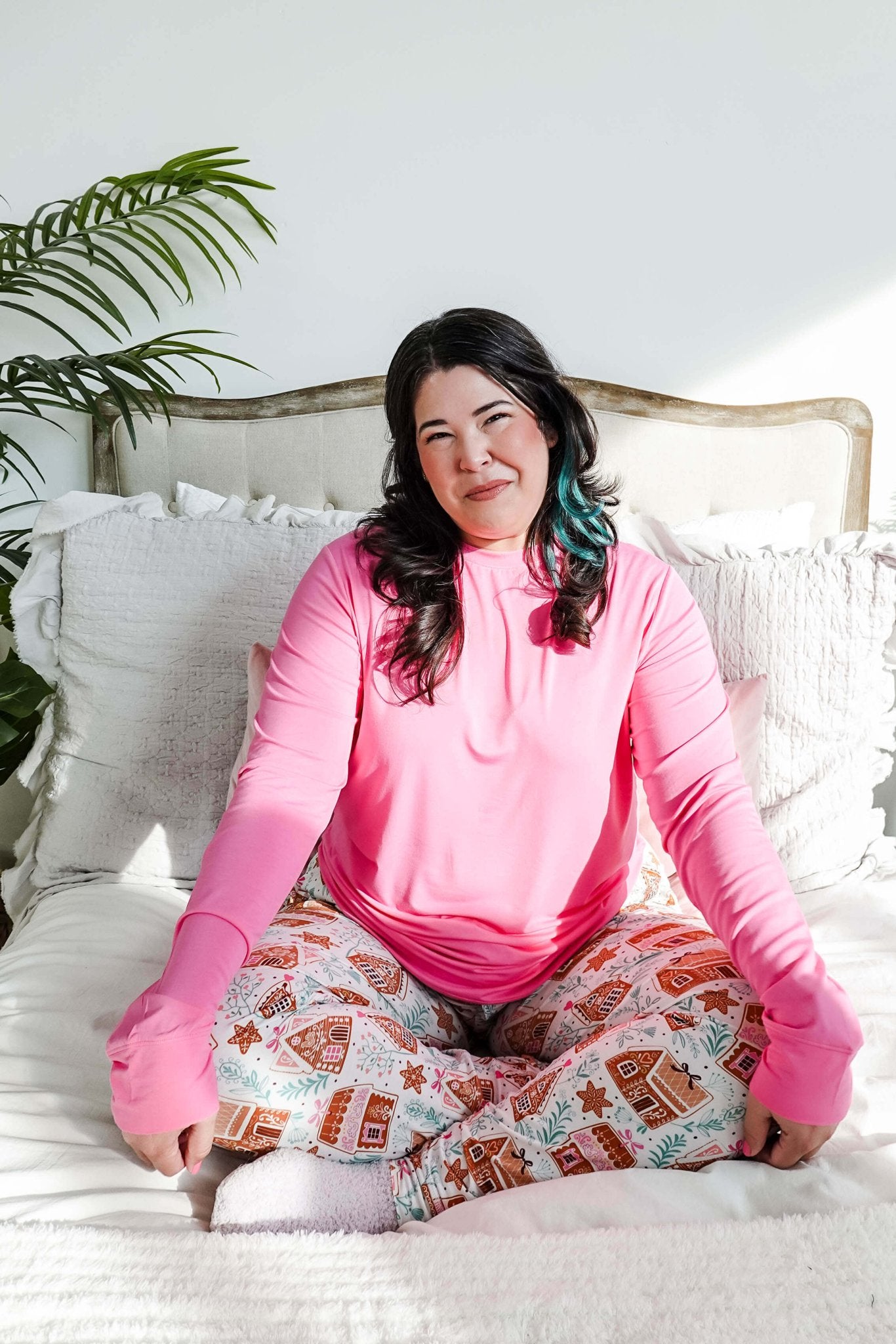 women's pink and gingerbread print pj set  top and jogger - Georgia Rylan