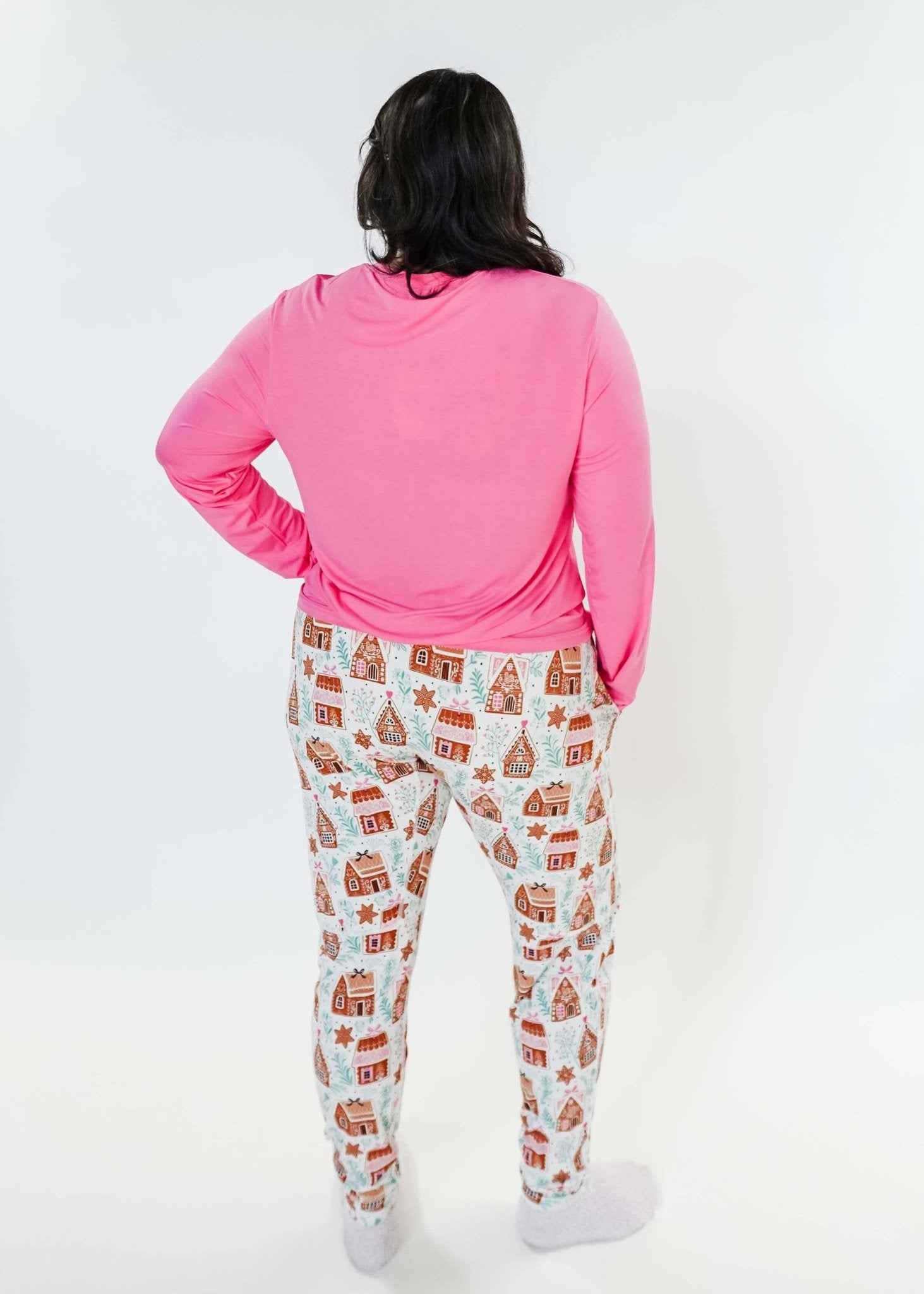 women's pink and gingerbread print pj set  top and jogger - Georgia Rylan