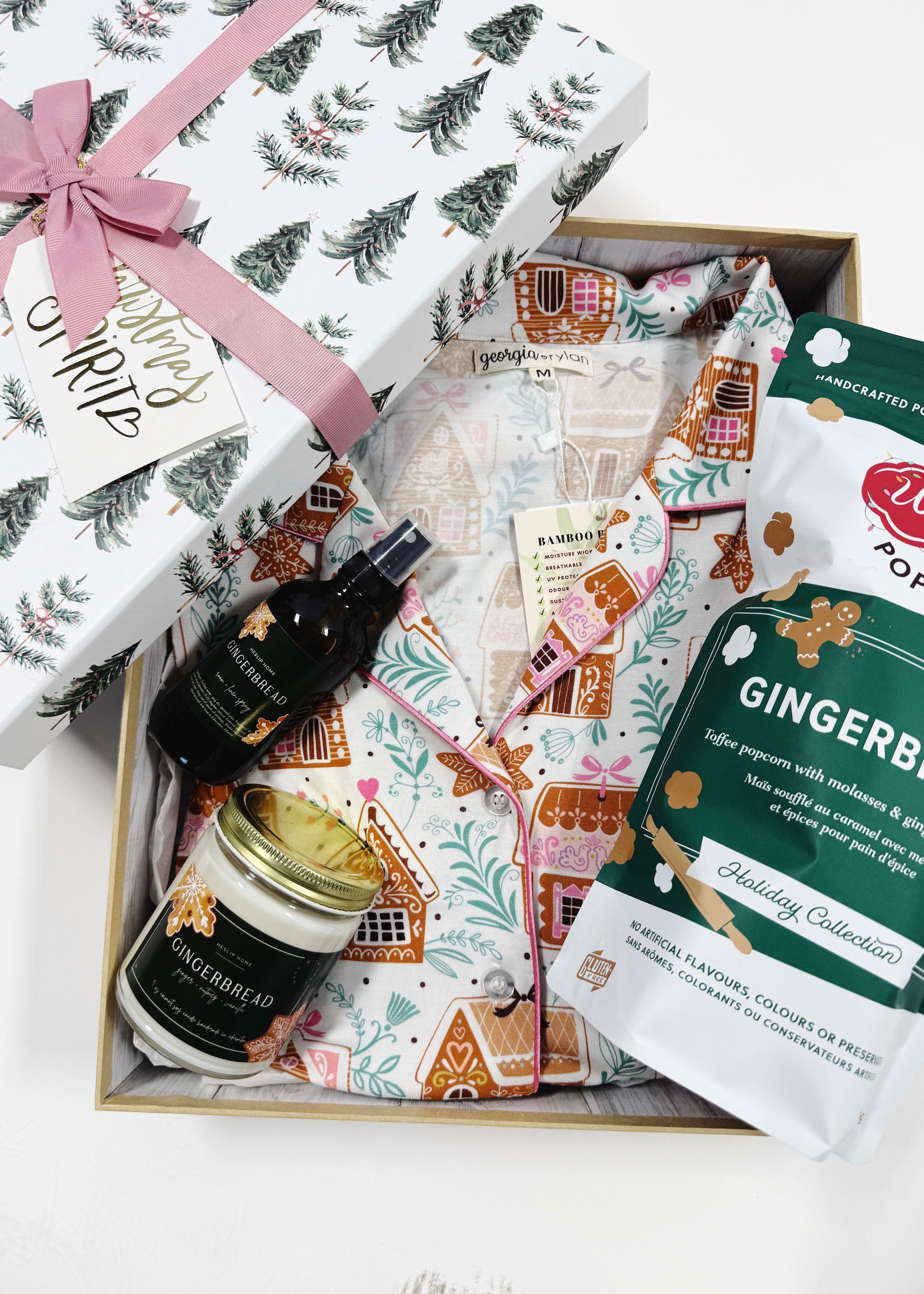 ultimate gift for gingerbread or sweet treats lovers with pajamas, popcorn, and candles all scented with gingerbread!