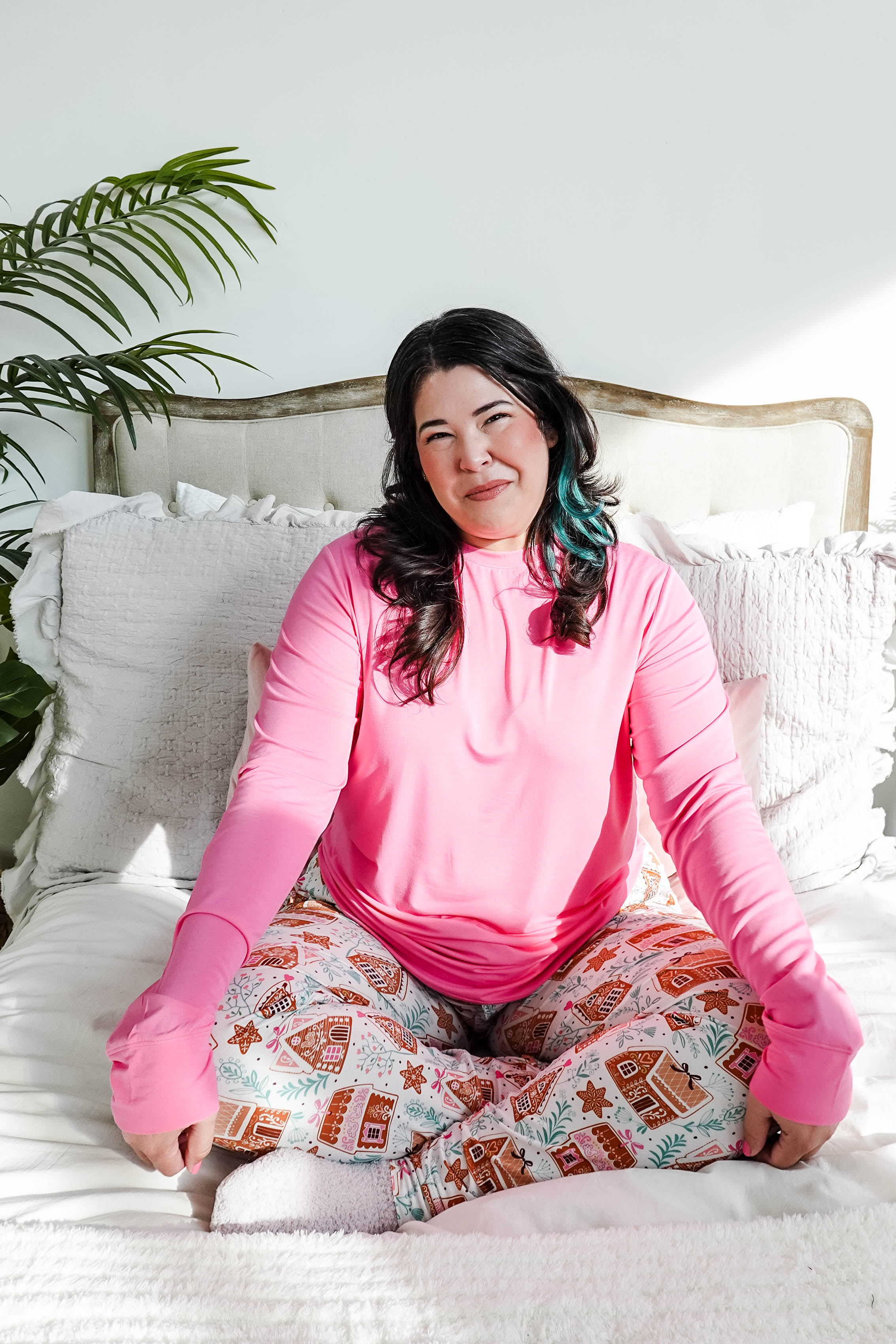 women's pink and gingerbread print pj set  top and jogger - Georgia Rylan