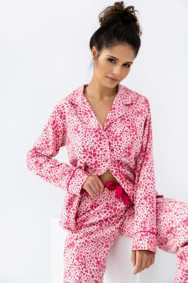 Model wearing the Sensis Giuliana Flannel Pajamas in a button-up shirt and long straight pants, showing the elegant cut.