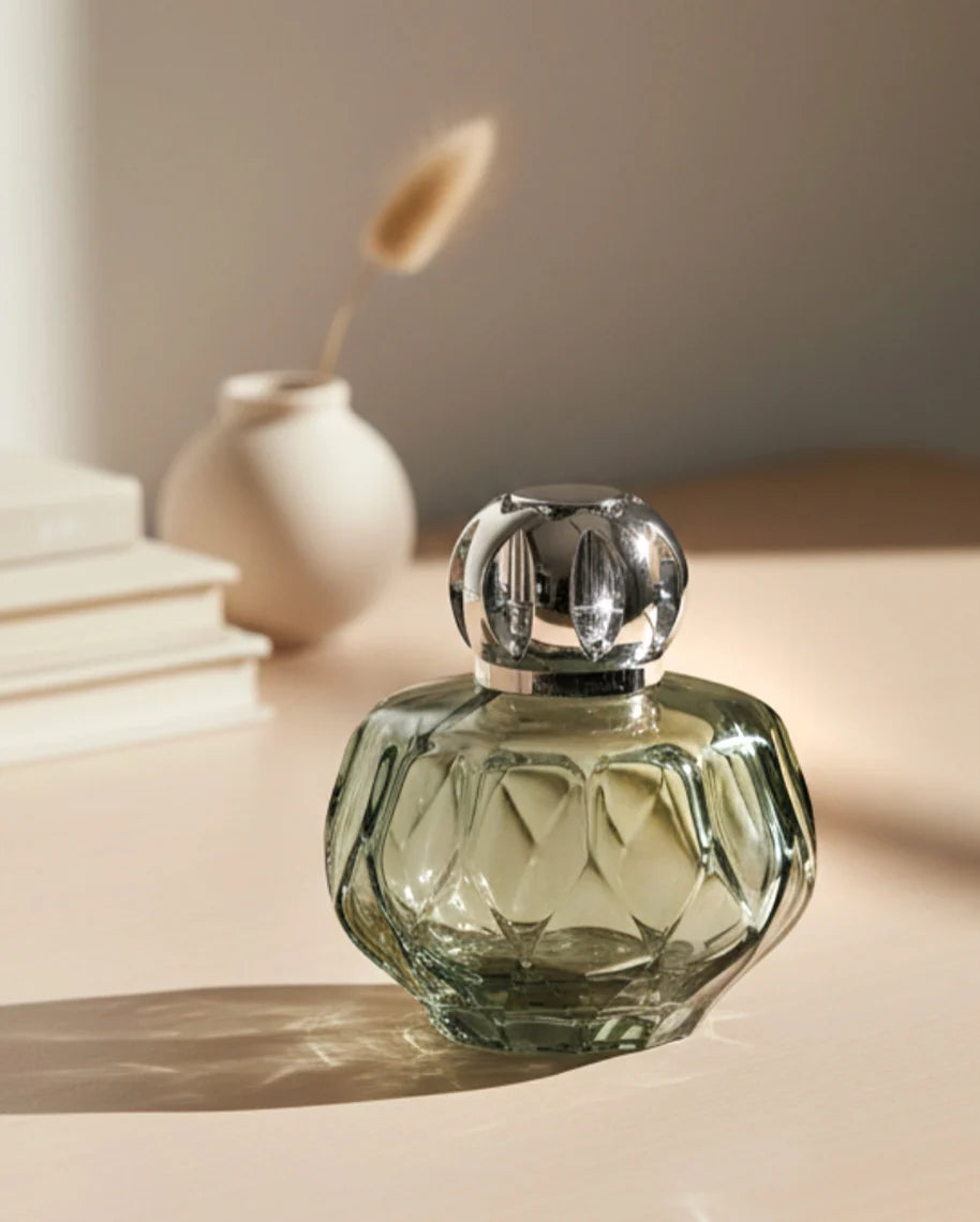 Maison Berger Rosalie Fragrance Lamp Green styled on desk lifestyle — Cloud Nine Pajamas Edmonton