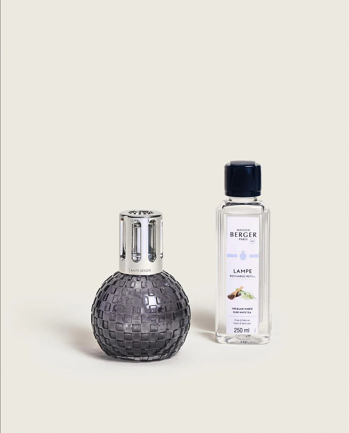 Maison Berger Paris Disco Fragrance Lamp Gift Set in grey with fragrance bottle, ideal for home décor and luxe scent.