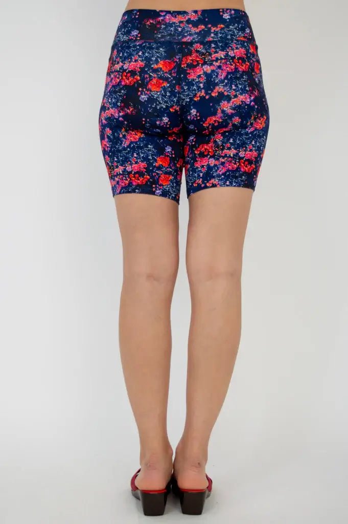 Hallie Bamboo Anti-Chafe Cooling Slip Shorts featuring vibrant floral design, showing back view.