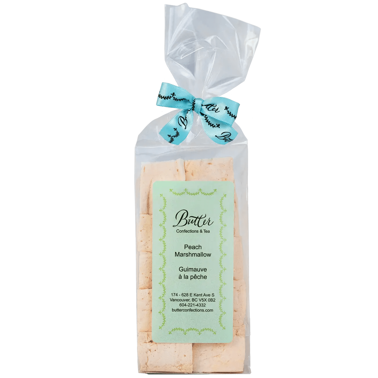 Handcrafted Gourmet Marshmallows in a clear bag, featuring a Peach Marshmallow and a decorative ribbon.