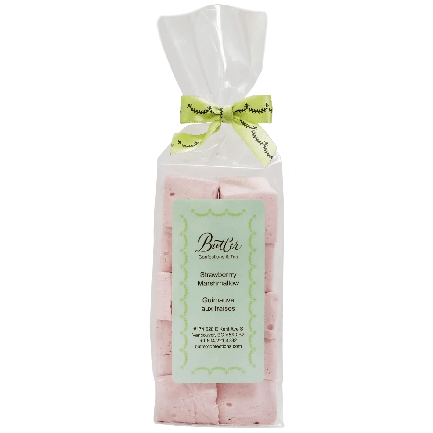 Handcrafted Gourmet Marshmallows in a 4-piece taster bag with a pink strawberry flavor and decorative bow.