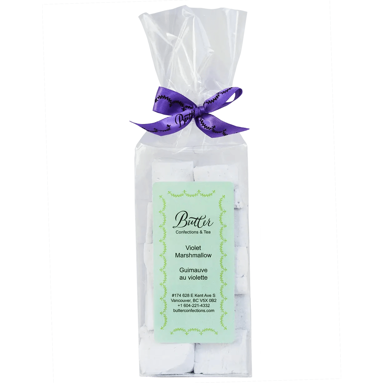 Handcrafted Gourmet Marshmallows in violet flavor, packaged in a clear bag with a purple ribbon.