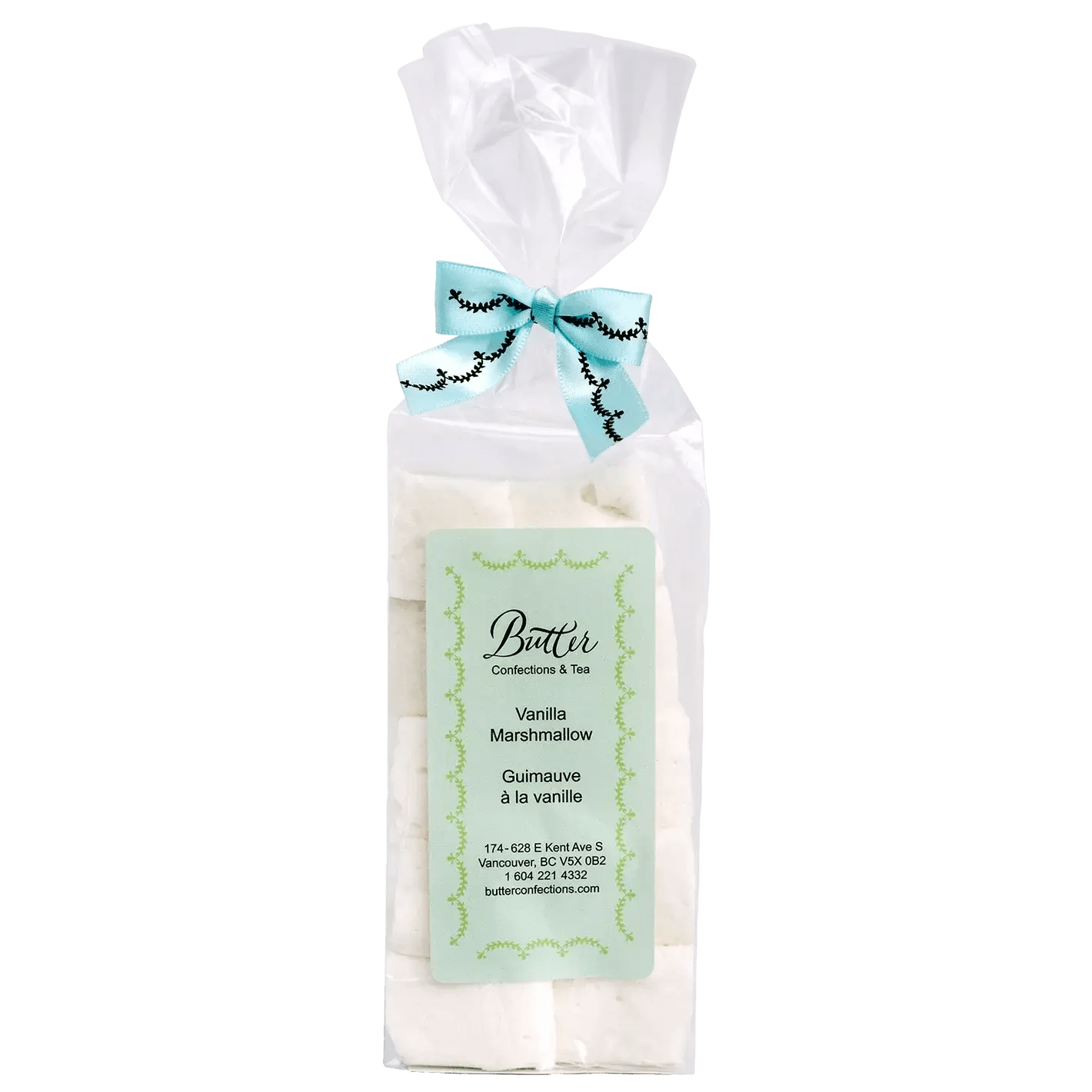 Handcrafted Gourmet Marshmallows in a clear bag tied with a blue ribbon, featuring vanilla flavor.