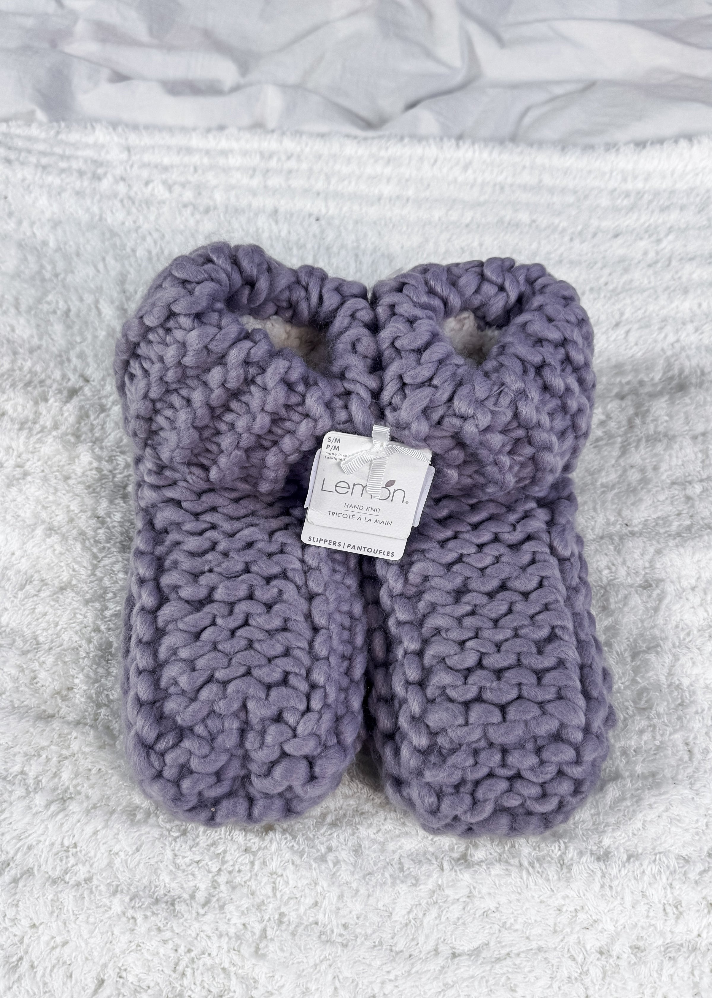 handmade knit slippers in purple 