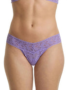 Hanky Panky Low Rise Thong in lavender lace, featuring a modern cut and comfortable fit, perfect for everyday wear.