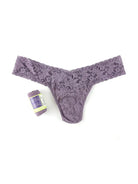 Hanky Panky Low Rise Thong in purple lace with gift-ready wrap, perfect for comfortable and stylish wear.