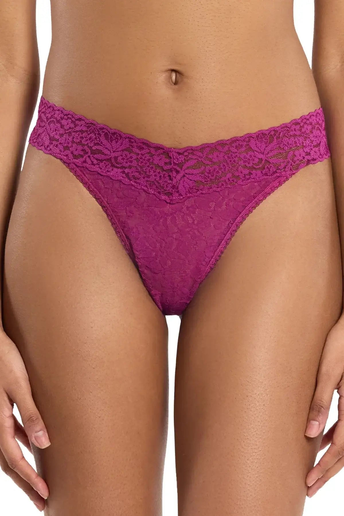 Hanky Panky Low Rise Thong in vibrant magenta lace, highlighting stylish low rise fit and comfortable design.