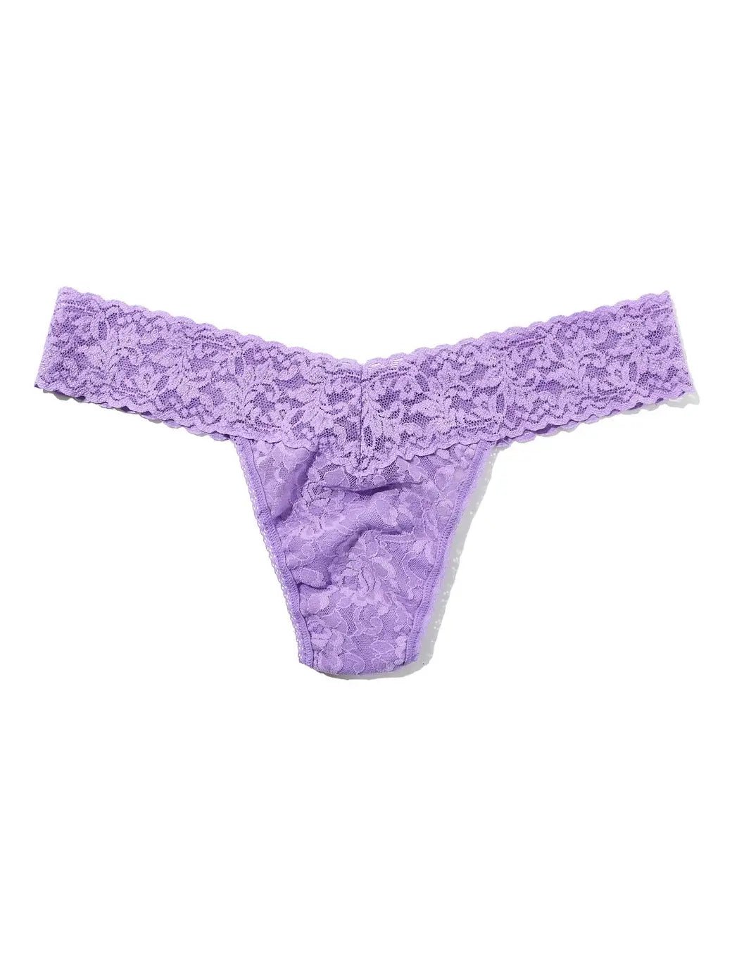 Hanky Panky Low Rise Thong in purple lace, gift-ready wrap, one size fits most.