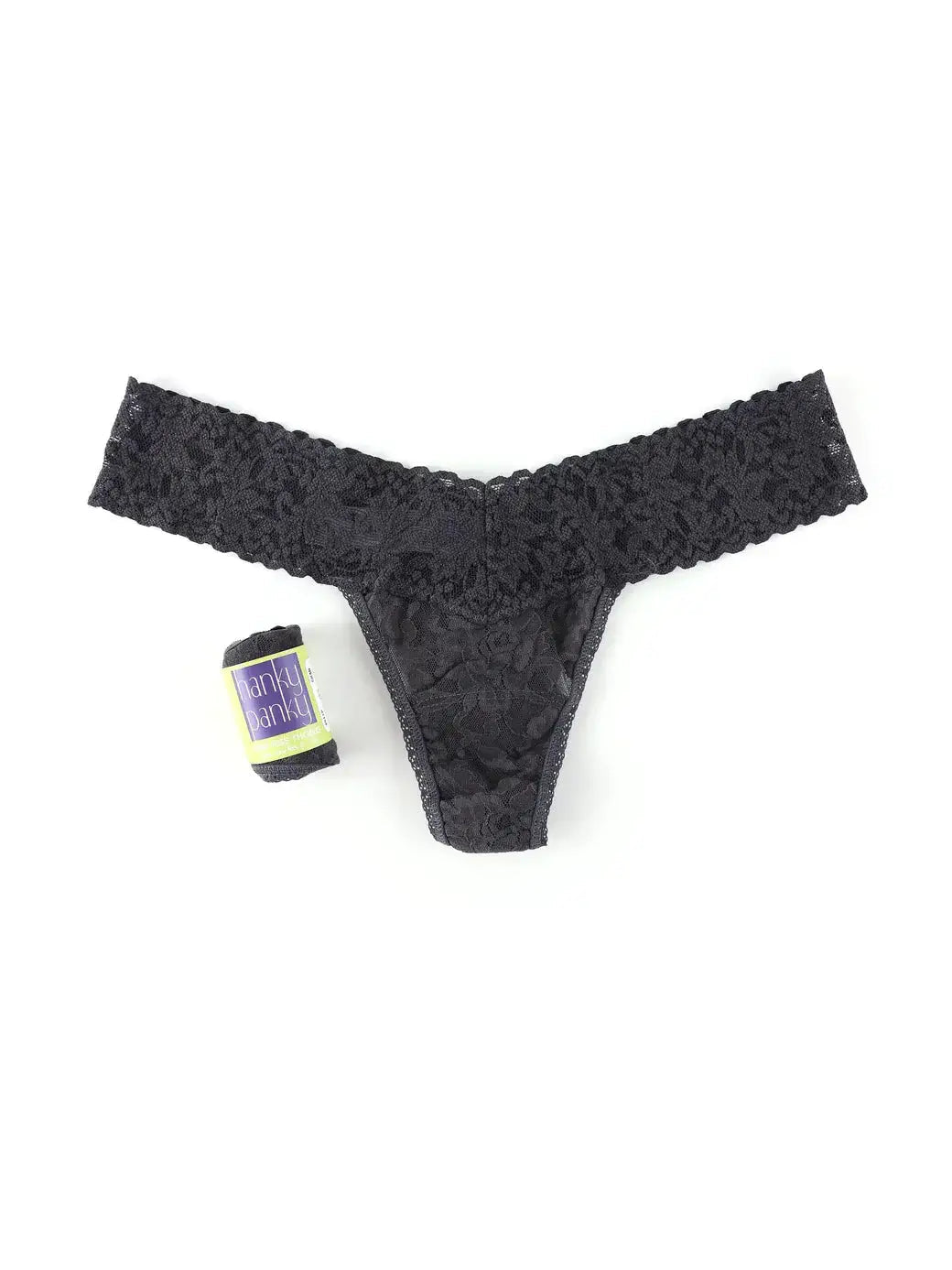 Hanky Panky Low Rise Thong in black lace with gift-ready wrap, perfect for stylish comfort and modern cut.