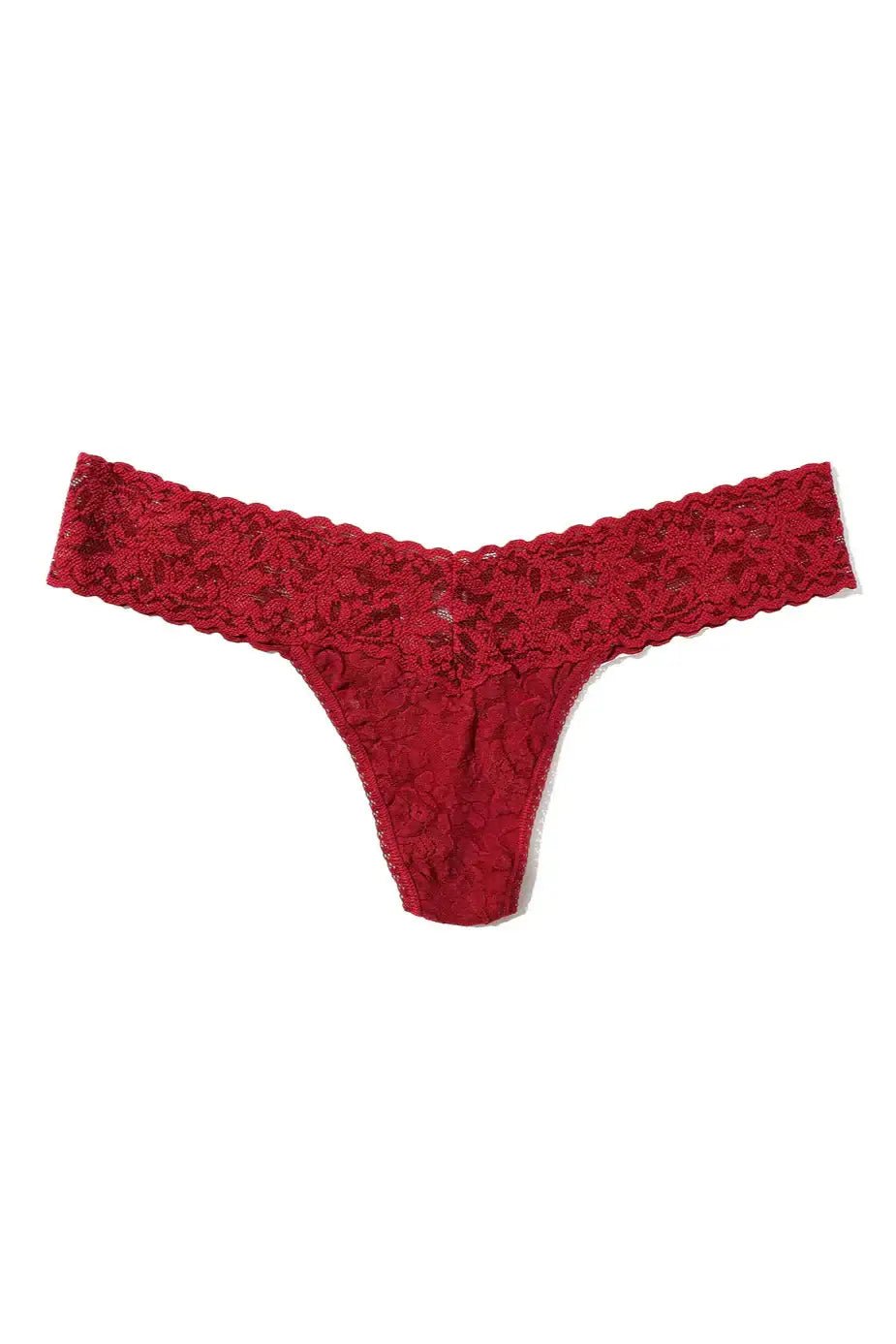 Hanky Panky Low Rise Thong in red lace, featuring a modern cut and comfortable fit, perfect for all-day wear.