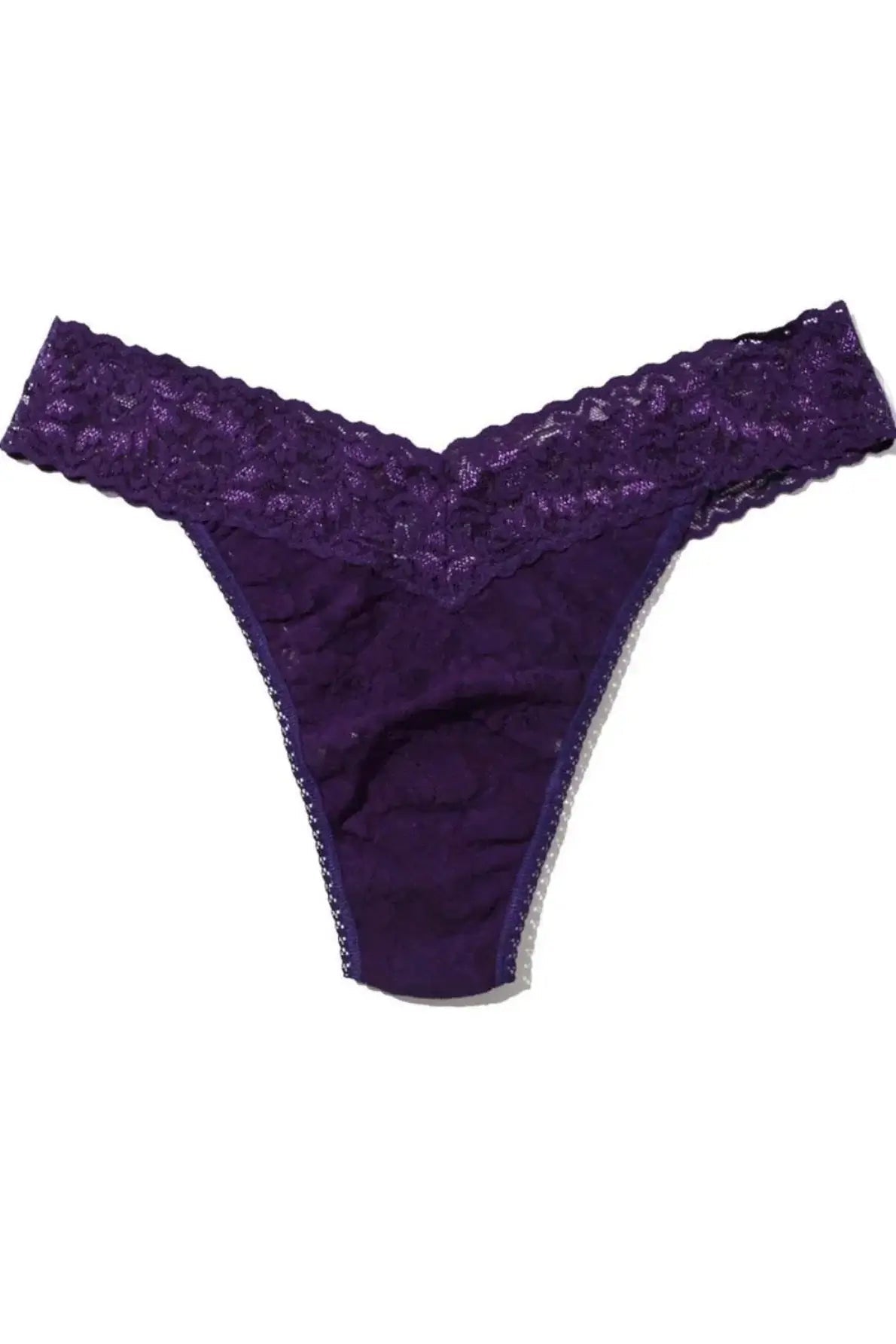 Hanky Panky Original Rise Thong in purple featuring signature lace, one size fits most, front view.