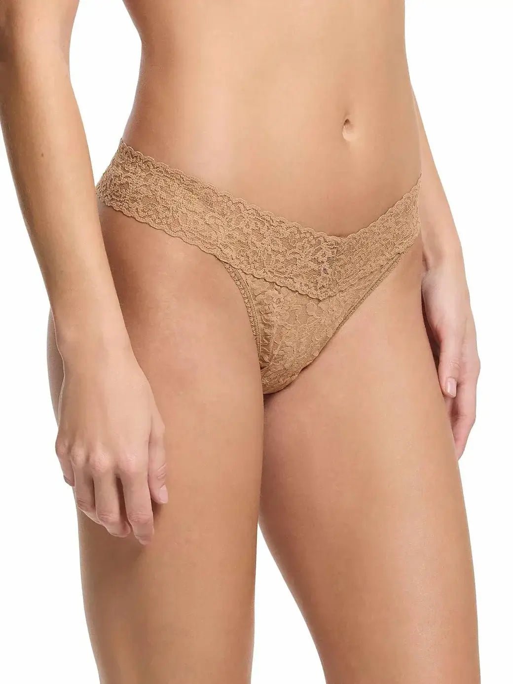 Hanky Panky Original Rise Thong in signature lace, one size fits most, displayed on a model.