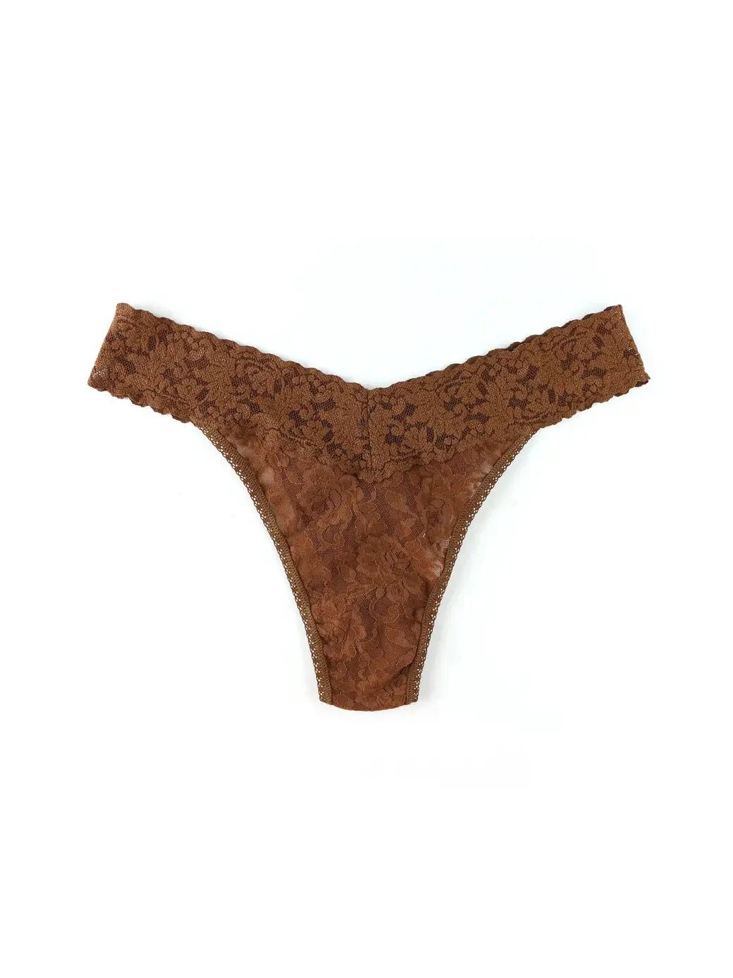 Hanky Panky Original Rise Thong – Signature Lace in rich brown color, showcasing delicate lace design.