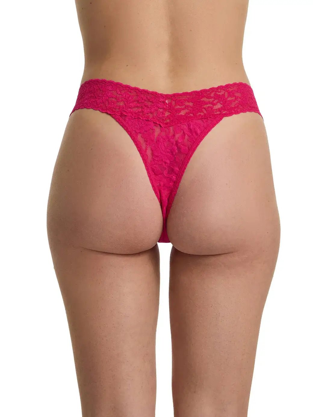 Hanky Panky Original Rise Thong - Signature Lace in vibrant pink color viewed from the back.