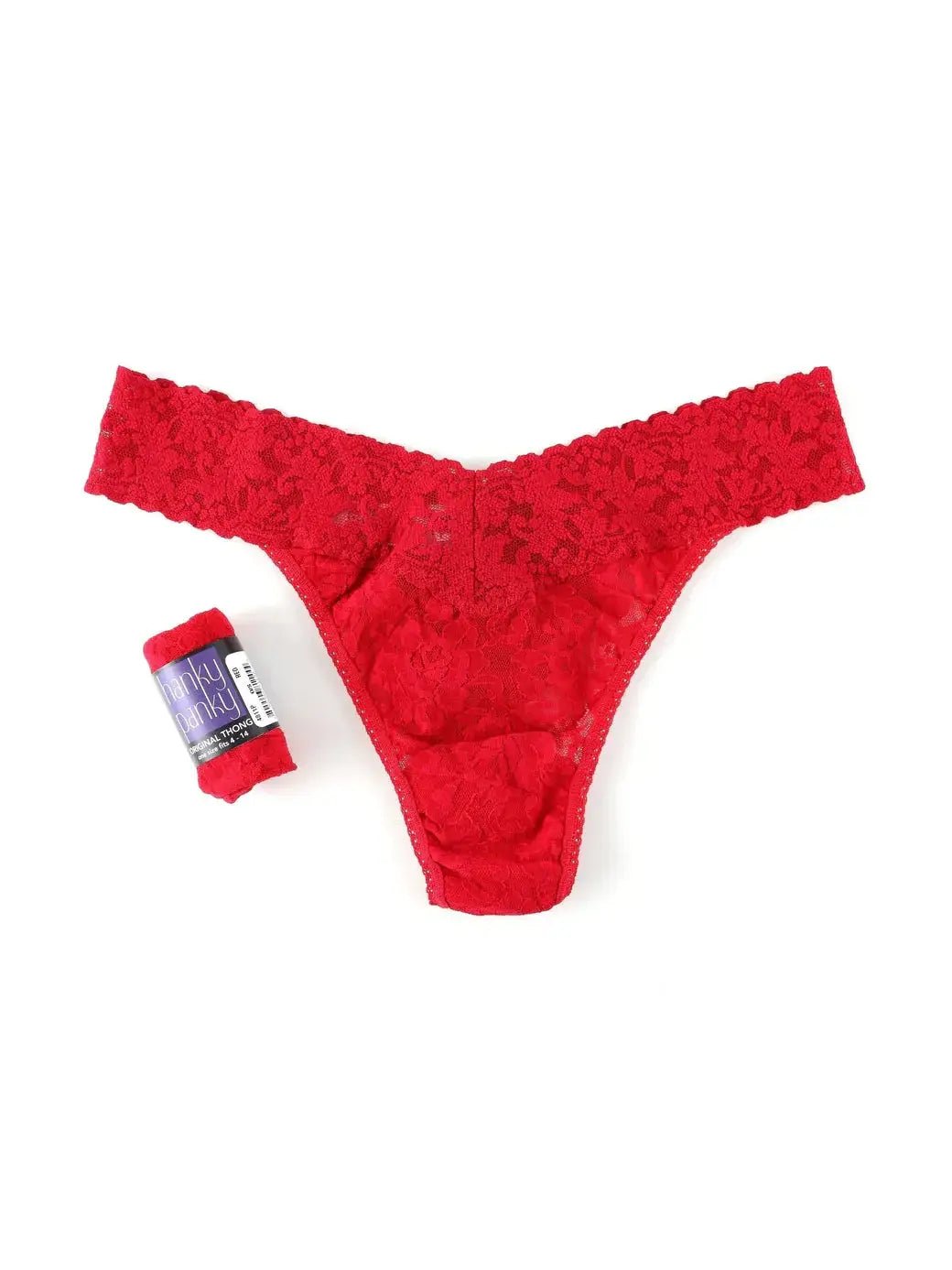 Hanky Panky Original Rise Thong in red lace displayed with packaging, one size fits most, signature lace design.