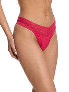 Hanky Panky Original Rise Thong in vibrant pink lace, showcasing signature design and comfort for one size fits most.