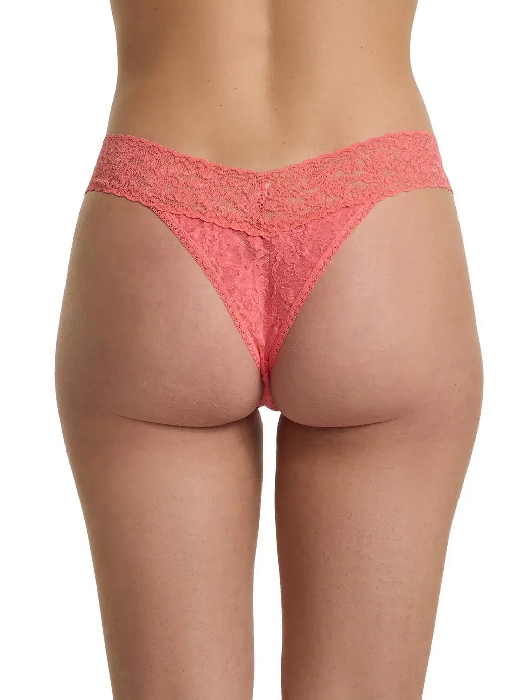 Hanky Panky Original Rise Thong – Signature Lace in coral color, showcasing the back view and intricate lace design.
