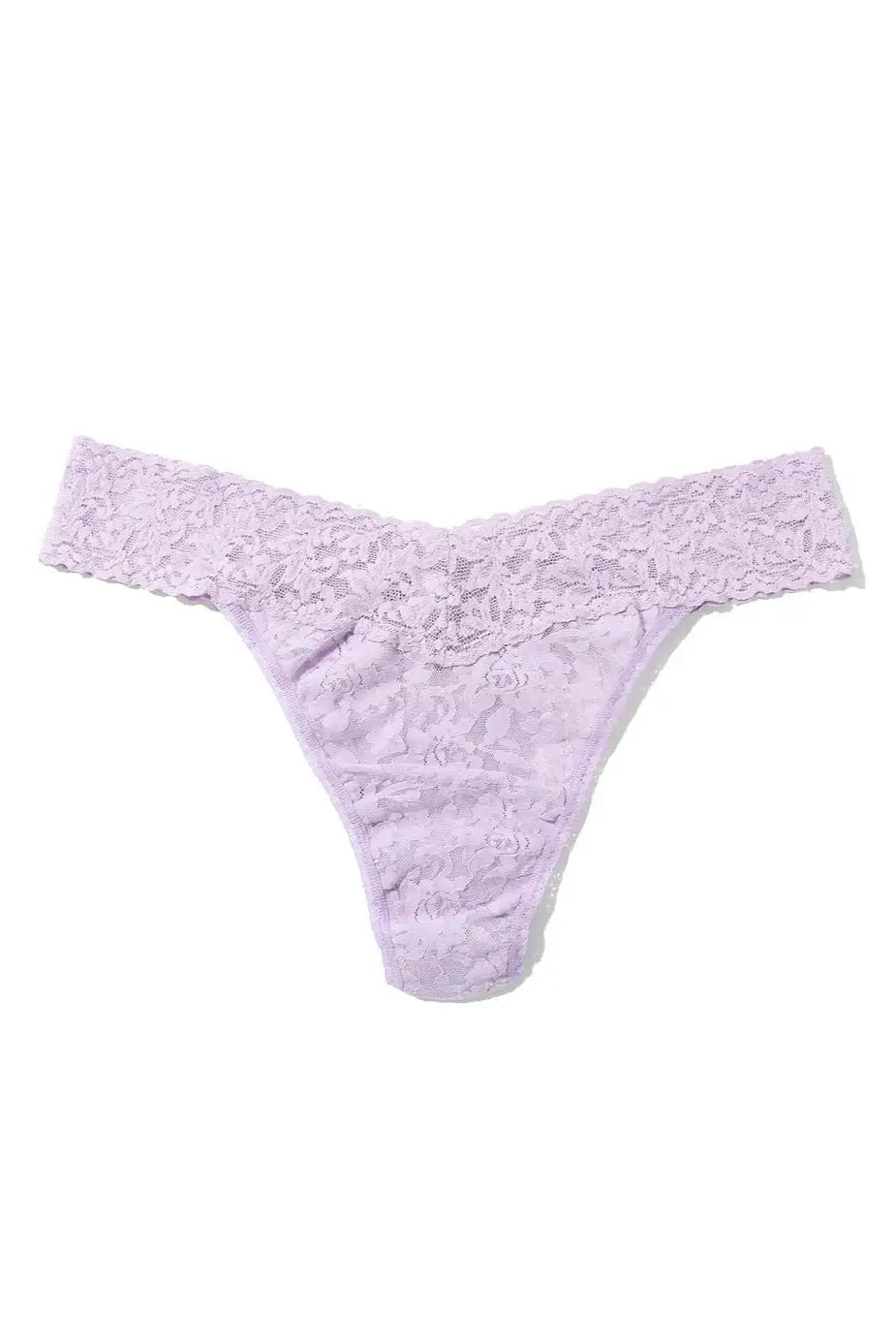 Hanky Panky Original Rise Thong in lavender, made of signature lace, one size fits most. Bestselling women's lingerie.
