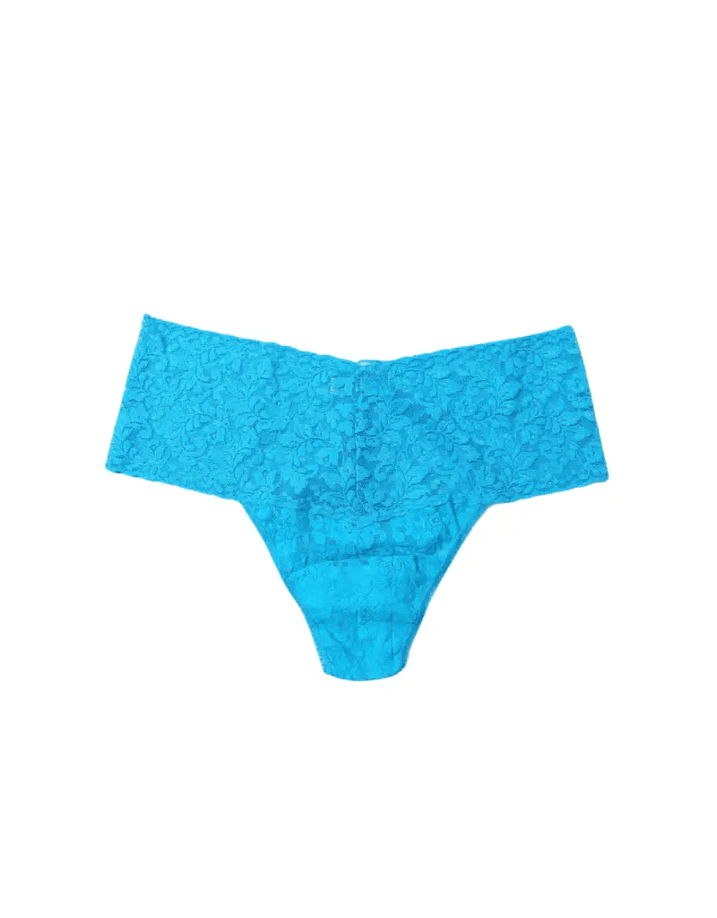 Hanky Panky Retro Thong in vibrant blue lace, high-waisted design for comfort and flattering coverage, one size fits most.