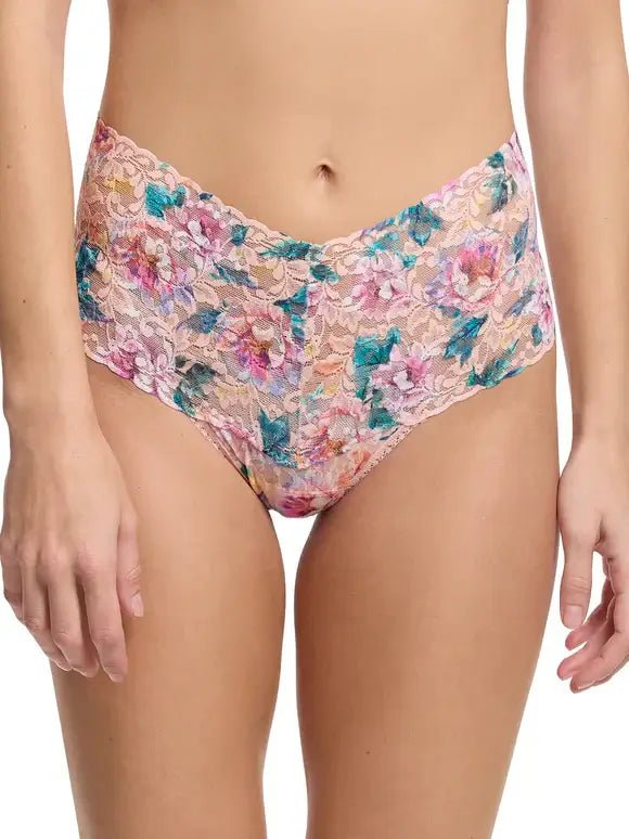 Hanky Panky Retro Thong in floral lace design showcasing high-waisted style and figure-flattering coverage.