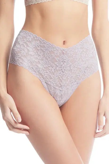 Hanky Panky Retro Thong in light purple lace fabric with high-waisted design, providing comfortable and flattering coverage.