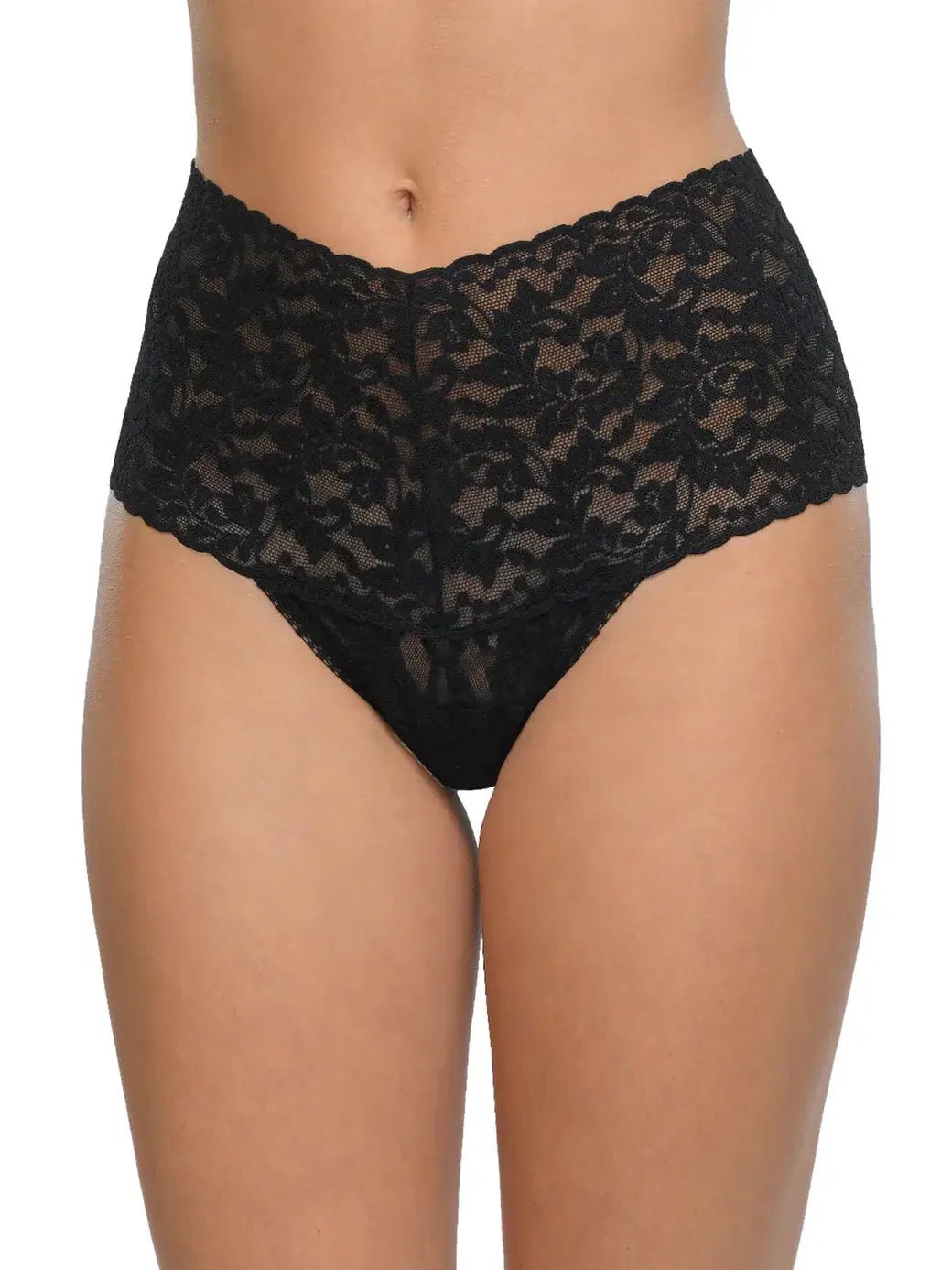 Hanky Panky Retro Thong in black lace showcasing a high-waisted design, perfect for comfort and flattering coverage.