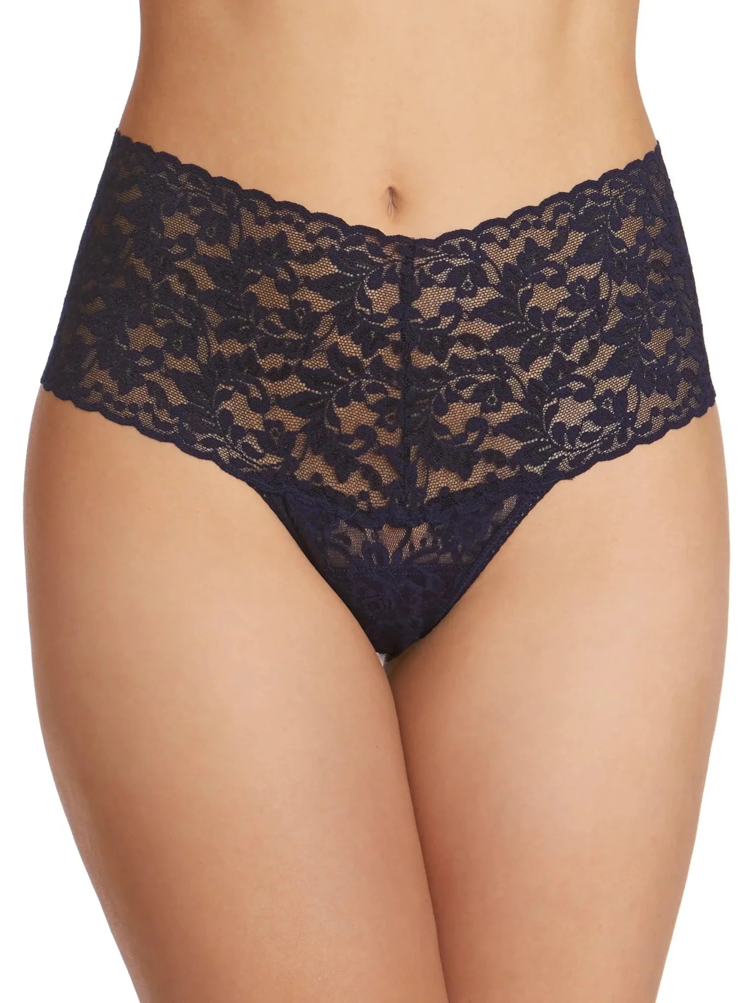 Hanky Panky Retro Thong in elegant lace with high-waisted design, showcasing figure-flattering coverage and comfort.