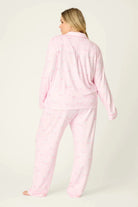 Happy Hour Wine Glass Print 3-Piece PJ Set Plus Size Inclusive model wearing playful pink pajama set with wine glass pattern, back view.