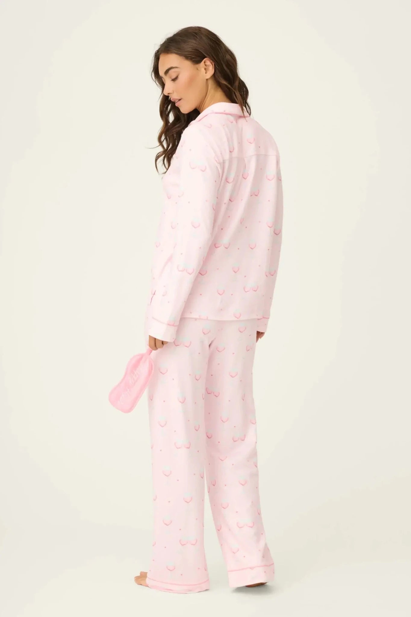 Happy Hour Wine Glass Print 3-Piece PJ Set | PJ Salvage women's wine glass print pj set in pink - button up long sleeve top, straight leg pants, and matching eye mask showing back view