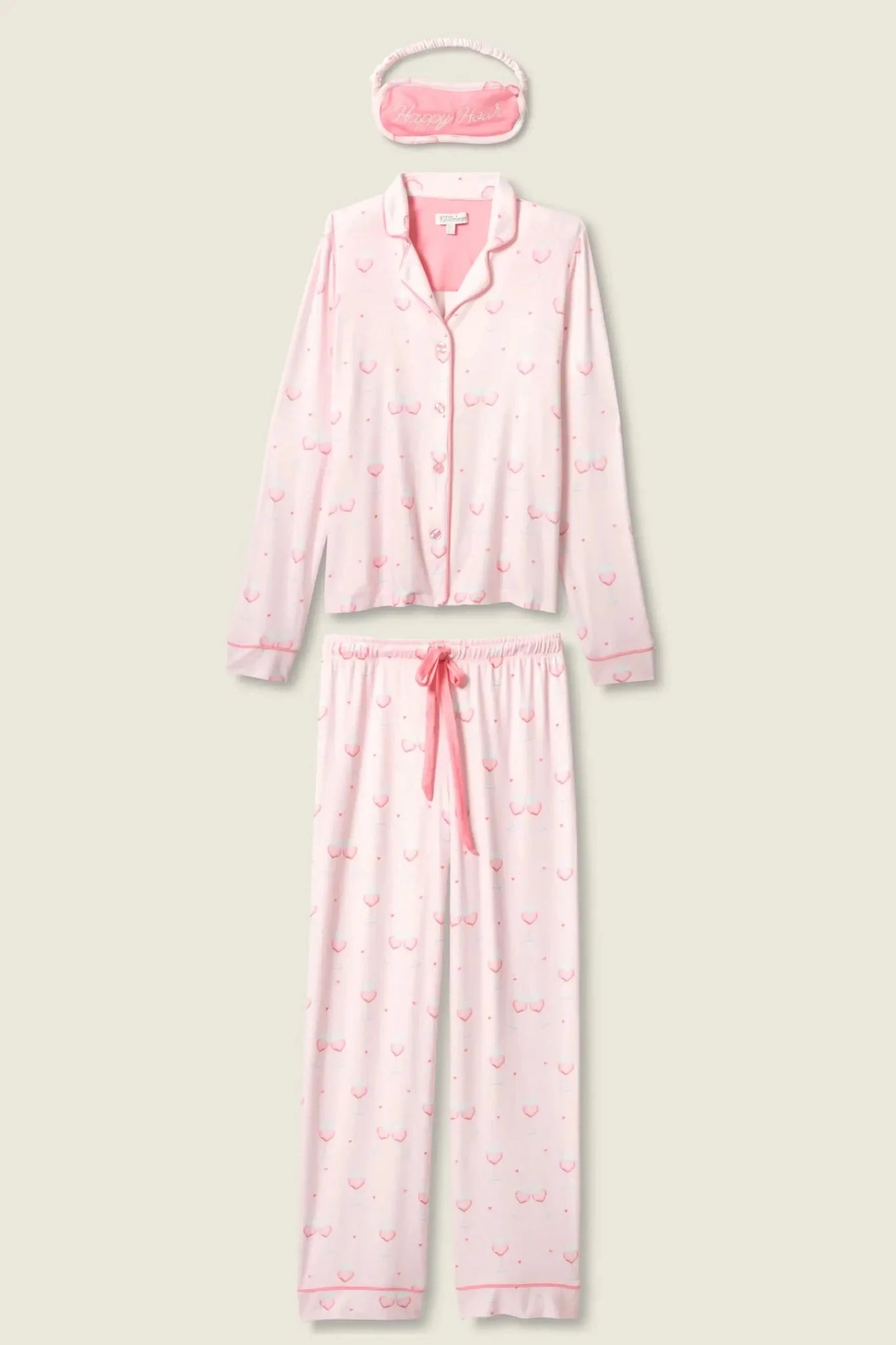 Happy Hour Wine Glass Print 3-Piece PJ Set | PJ Salvage women's wine glass print pj set in pink - button up long sleeve top, straight leg pants, and matching eye mask flat lay shot