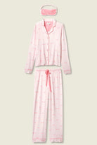 Happy Hour Wine Glass Print 3-Piece PJ Set | PJ Salvage women's wine glass print pj set in pink - button up long sleeve top, straight leg pants, and matching eye mask flat lay shot