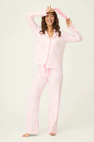 Happy Hour Wine Glass Print 3-Piece PJ Set | PJ Salvage women's wine glass print pj set in pink - button up long sleeve top, straight leg pants, and matching eye mask