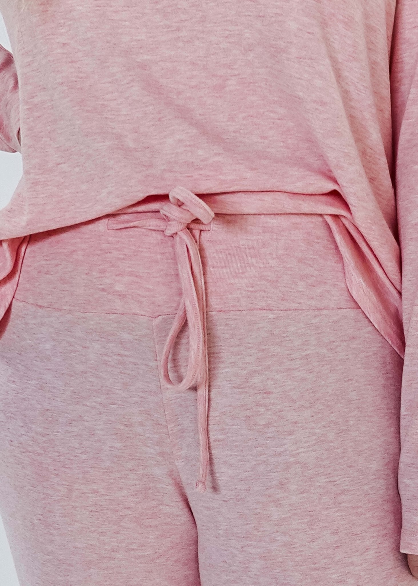Heather Pink Top Straight Pant Lounge Set featuring a stylish tied waistband and soft fabric detail.