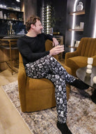 mens hockey print jogger bamboo black and white by bob's sleepwear co.