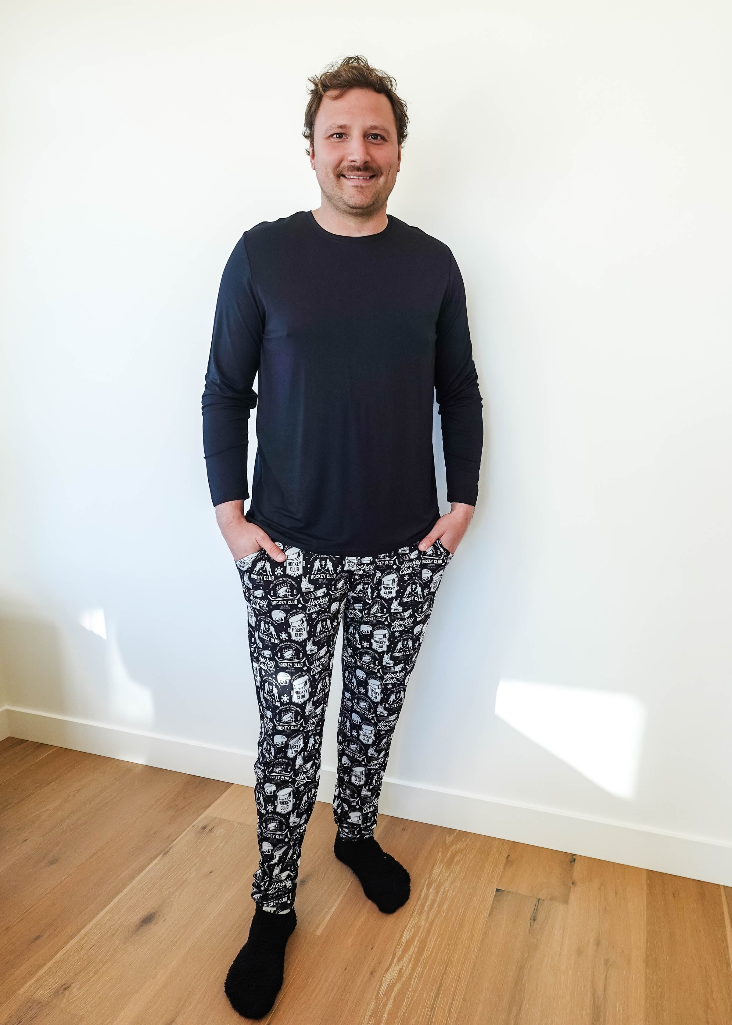 mens hockey print jogger bamboo black and white by bob's sleepwear co.