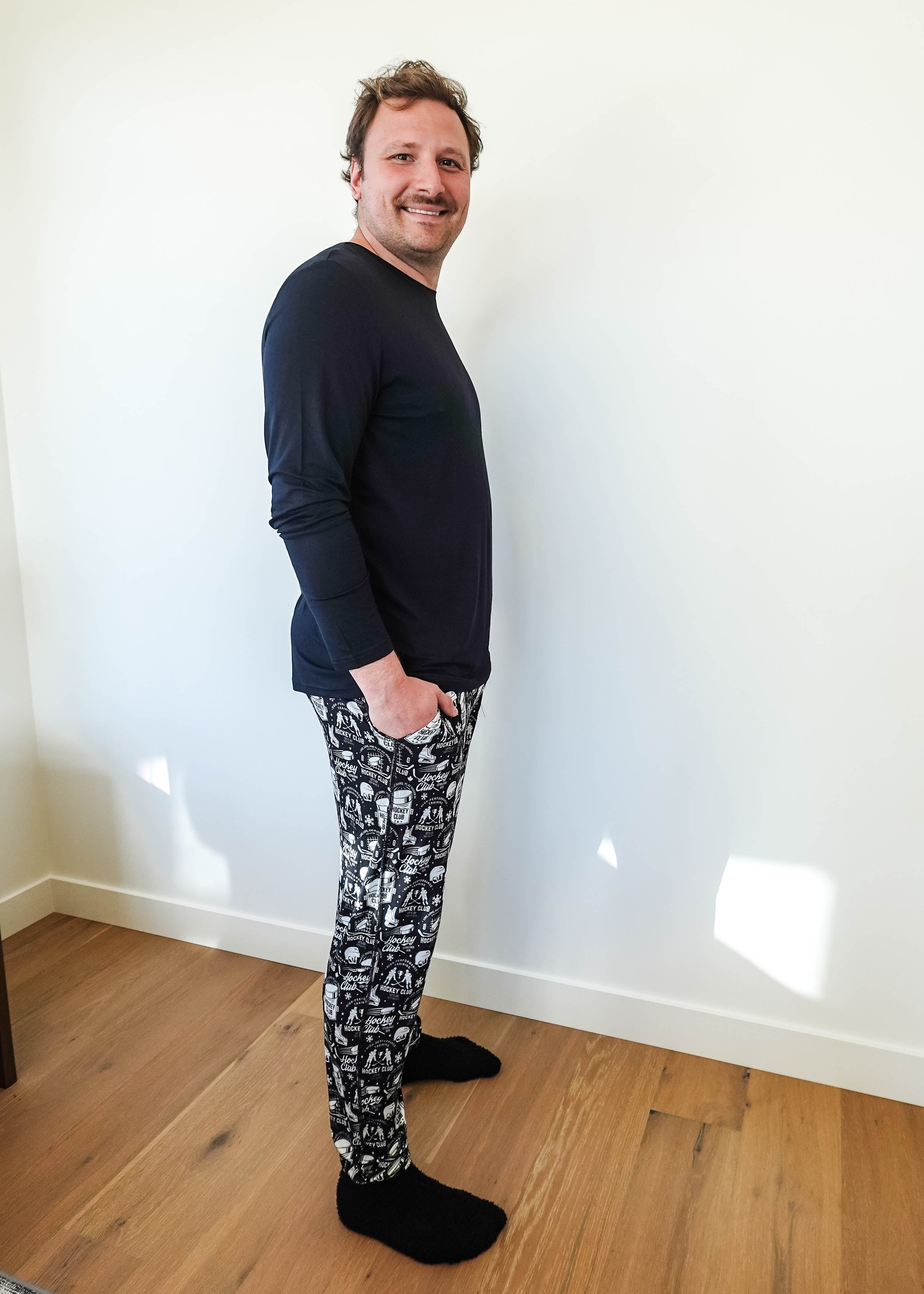 mens hockey print jogger bamboo black and white by bob's sleepwear co.