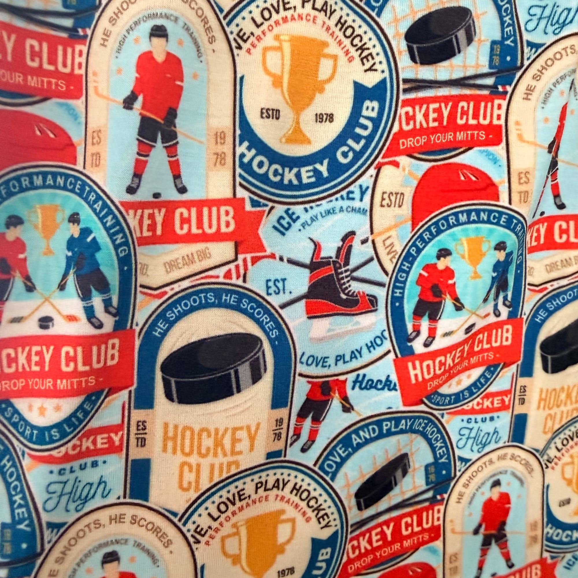 Bob's Sleepwear Co. Hockey Club print close-up illustrated hockey players badges — Cloud Nine Pajamas