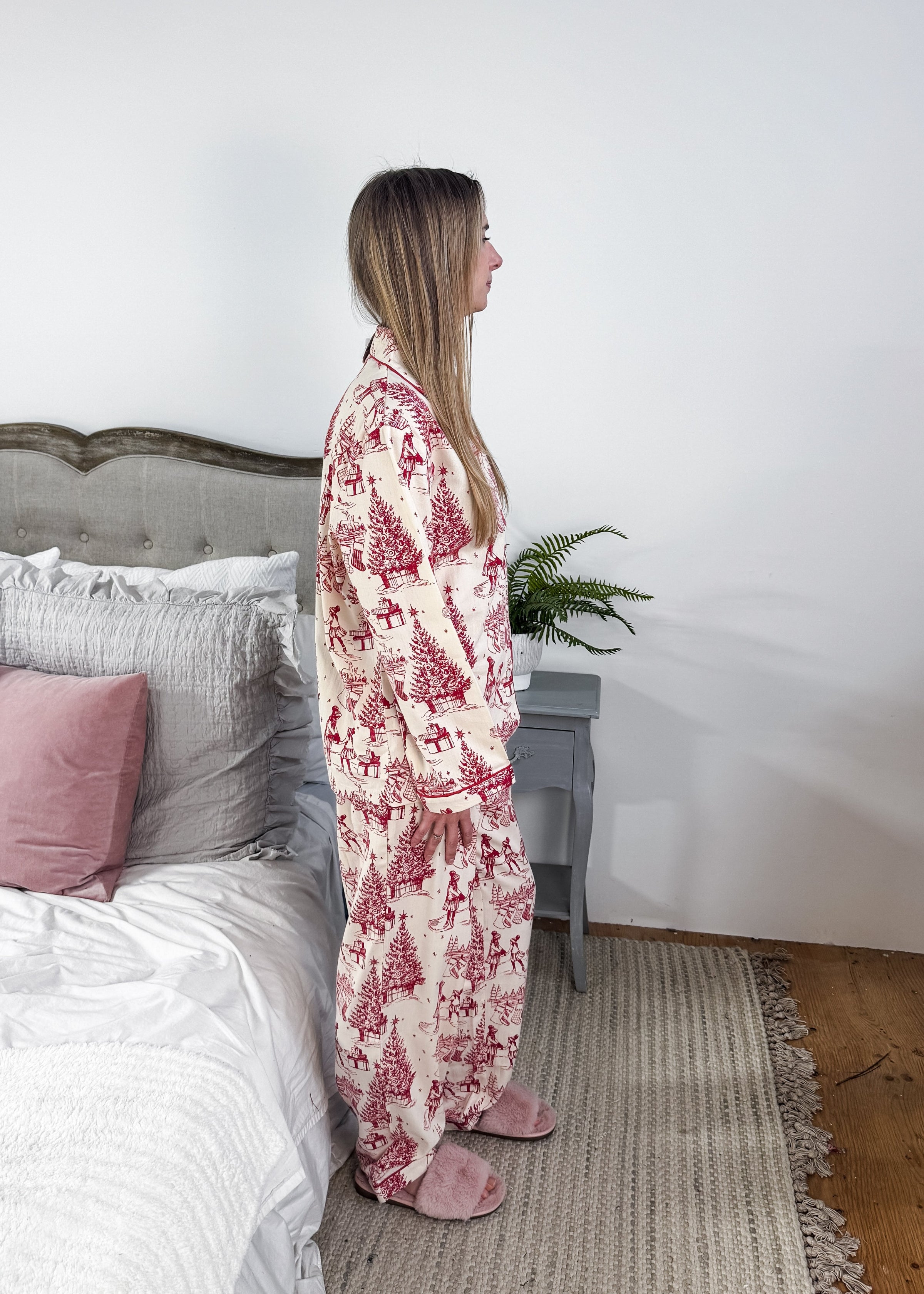 woman's flannel pj button up set in nostalgic vintage inspired christmas print