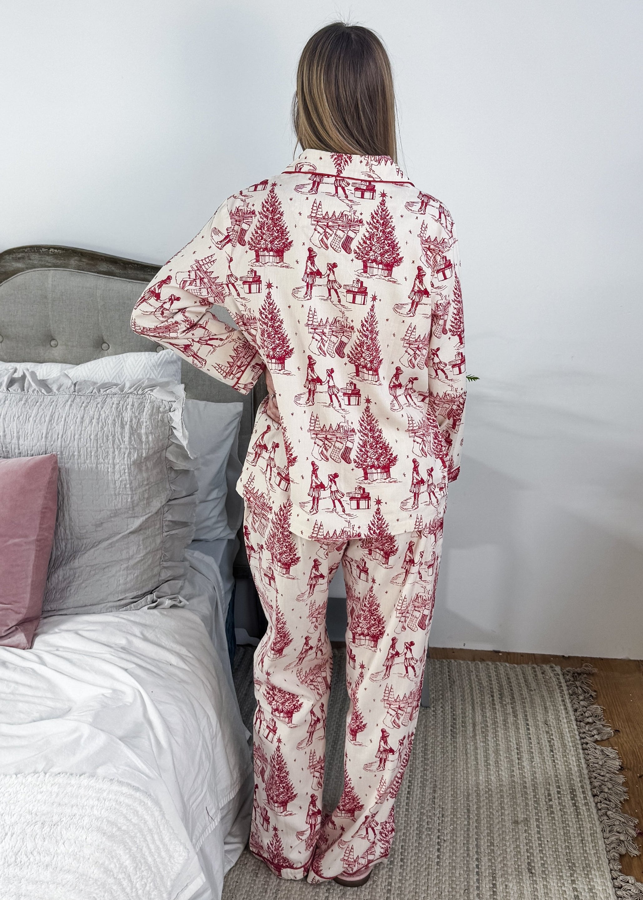 woman's flannel pj button up set in nostalgic vintage inspired christmas print