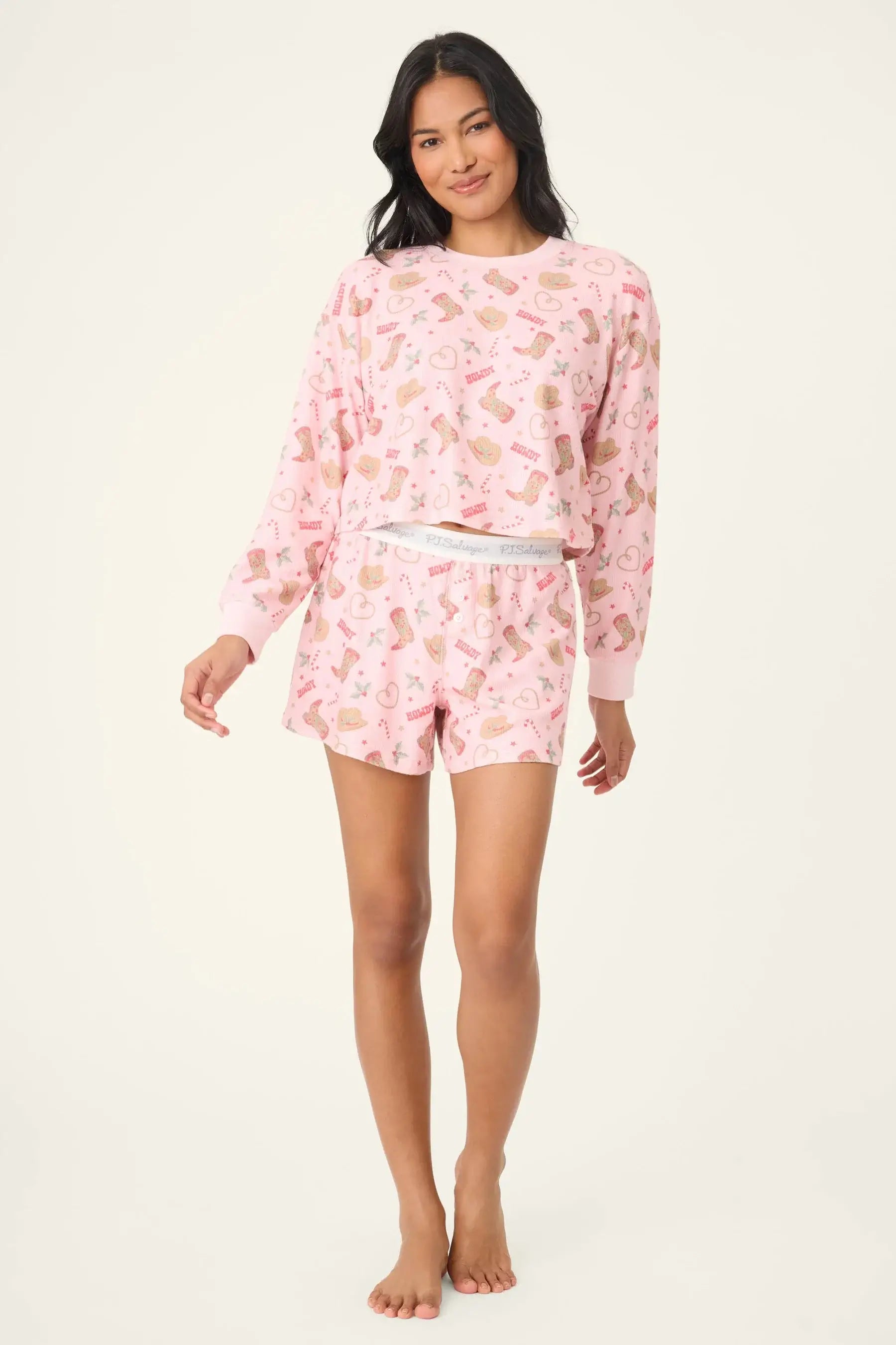Women's Boyfriend Boxer Waffle Shorts Set pinky howdy western PJ Salvage
